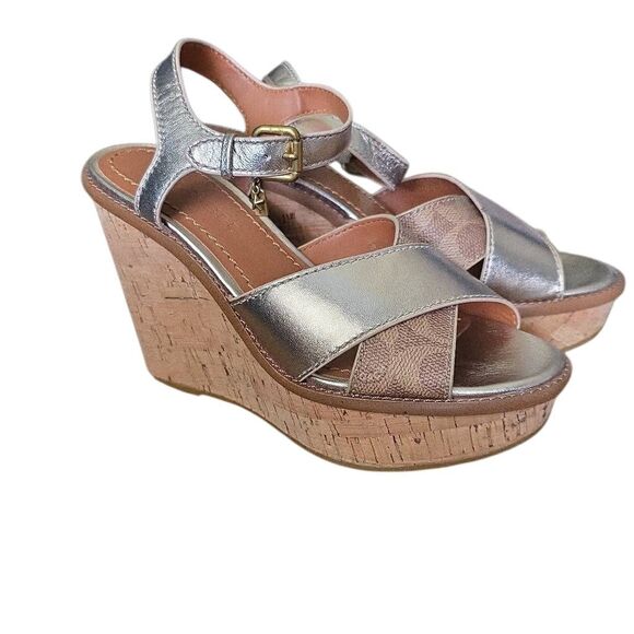 Coach Women's Size 7 Tan Gold Cork Leather Ankle Strap Wedge Sandals - Picture 7 of 8
